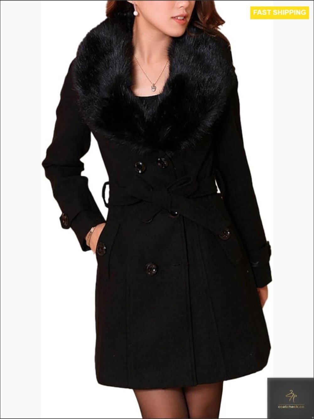 Wool Blend Trench Coat Double Breasted Faux Fur Collar Slim Fit Midi Length